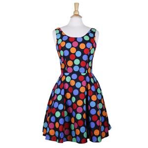 Vintage 80s polka dot rainbow dress black fit flare swing rockabilly sz S